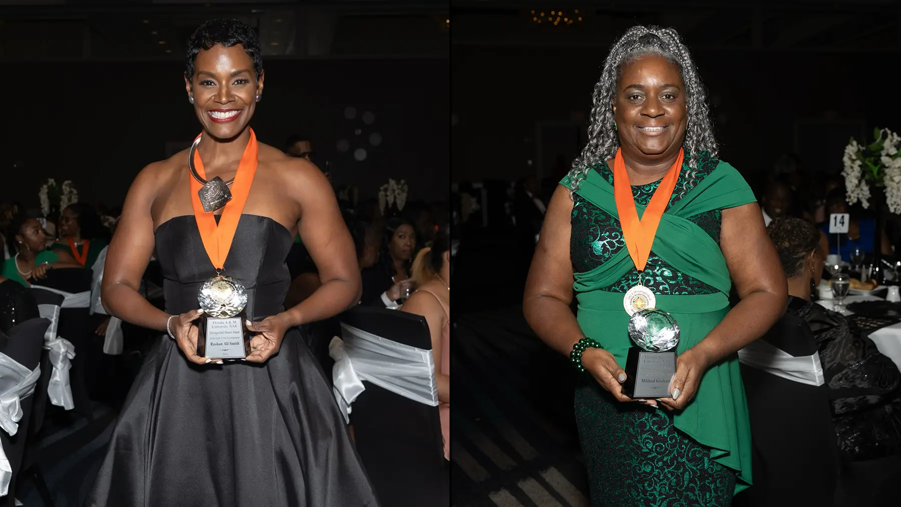 Rashan Ali (left) and Mildred Graham (right) are awarded with the Distinguished Alumni Award during the FAMU National Alumni Association Convention in Tampa.