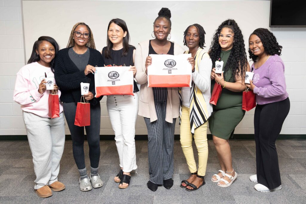 From left to right: Nadia Lloyd, Zaria Slaughter, Professor Hsuan Huang, Ph.D., SCF staff members Janay Perry and Latoya Stevens, Jasmine Mention and Jayda Nelms pose together after completing the FAMU SJGC public relations challenge.