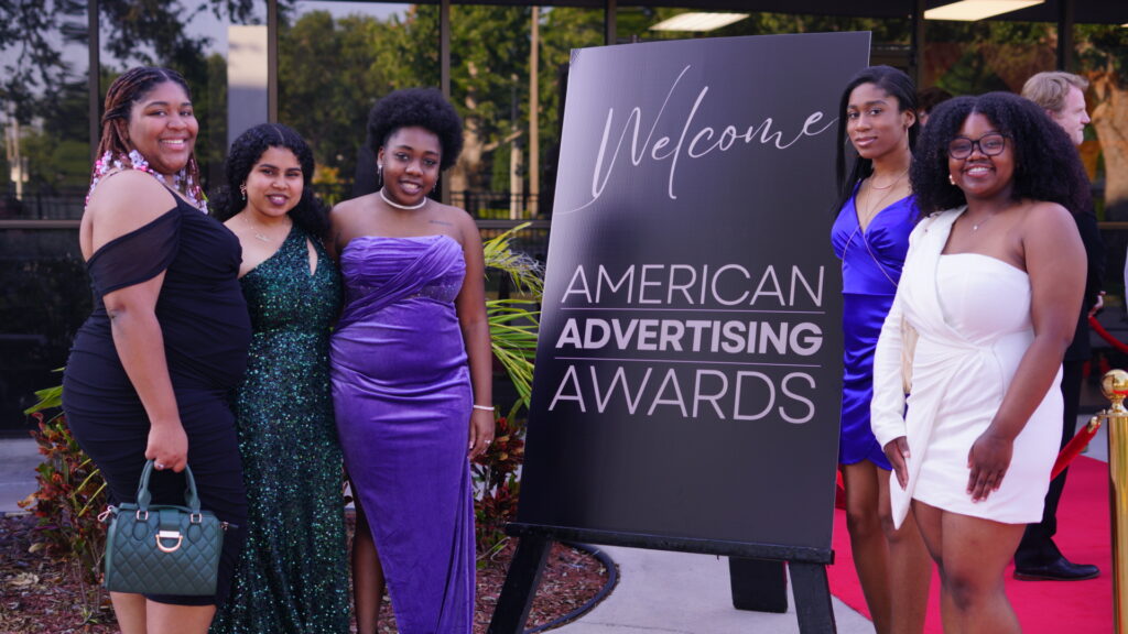 FAMU SJGC students Sydney Richardson, Destiny Ramirez, Armani Patterson, Ayanna Coy and Jasmine Patrick attend the 2024 Addy Awards hosted by the North Central Florida Division of the American Advertising Federation.