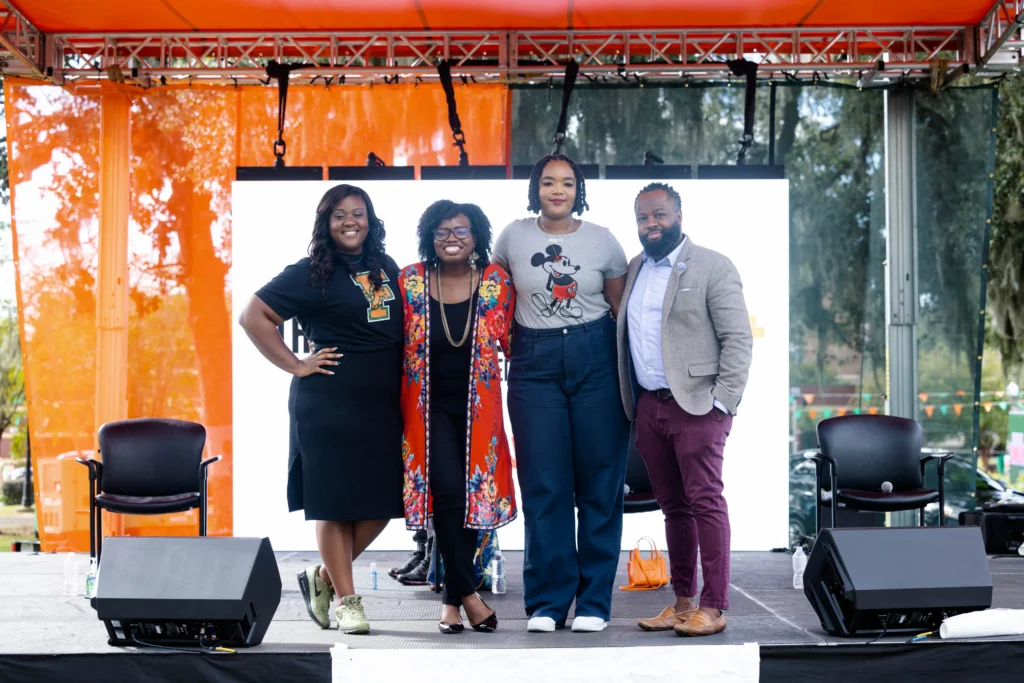 Left to right: Dayna Lee, LaJoy Mercer, Kennedy Maddox and Luke Williams pose together after the Grads Are Back Disney on the Yard panel at FAMU.