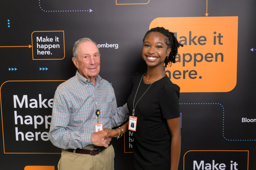 SJGC Public Relations Student Athaiya Mack poses with Michael Bloomberg, co-founder and previous CEO of Bloomberg, L.P.