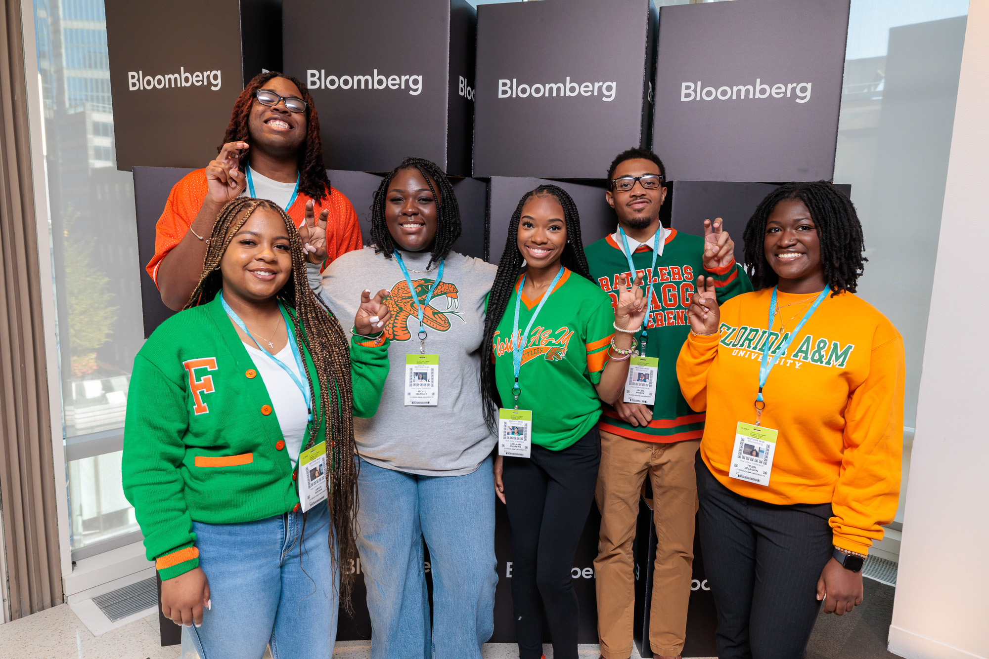 From left: Amari Brown, Cordell Jones, Micah Barkley, Carlynn Andrews, Jalen Mason and Tosin Jolagun strike while attending Bloomberg’s 2024 HBCU Academy of Excellence.