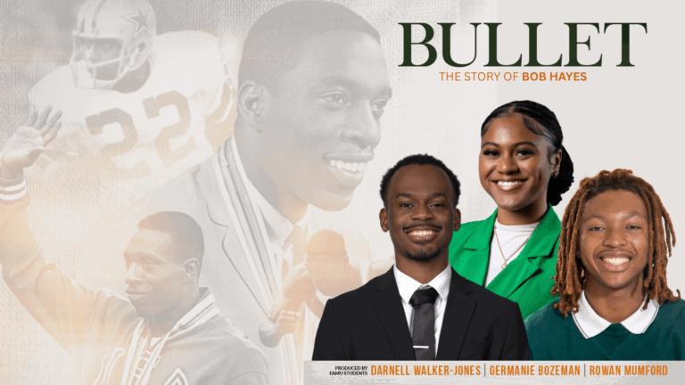 FAMU SJGC students Darnell Walker-Jones, broadcast journalism; Germanie Bozeman, public relations; and Rowan Mumford, broadcast journalism, are the creative minds behind “Bullet,” a documentary in the running to win the National Academy of Television Arts & Sciences Coca-Cola HBCU Sports Production Grant at the Sports Emmys in May. They will screen their film on April 30 on FAMU's campus.