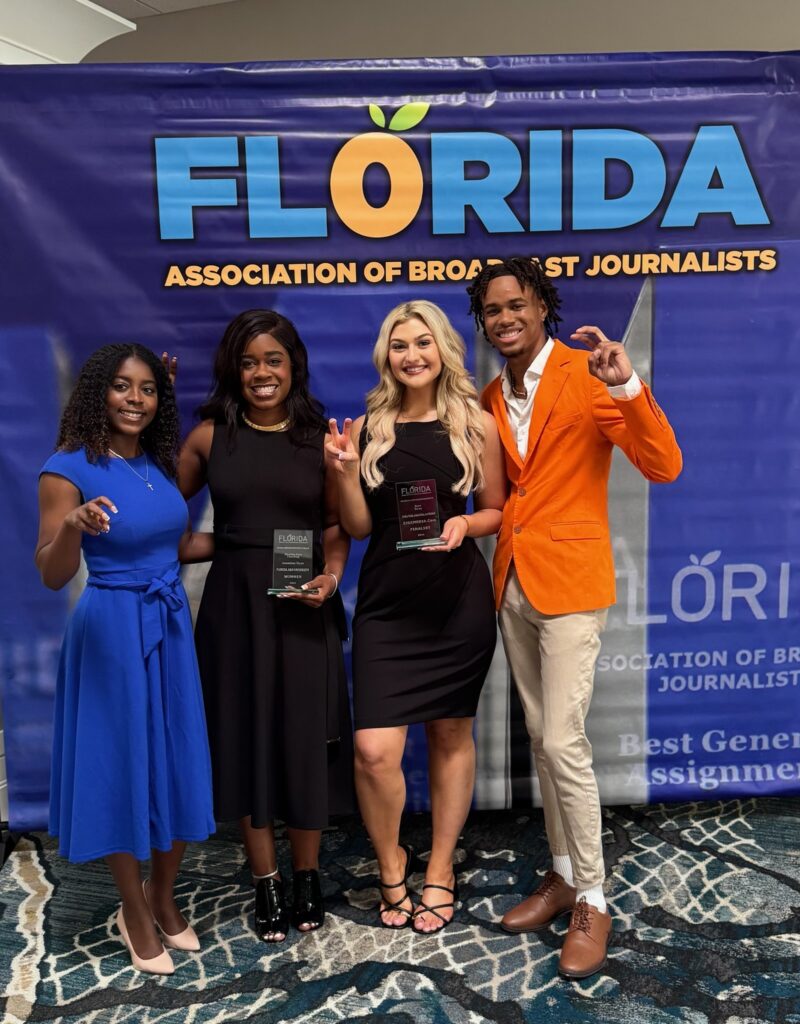 Jasmine Dyer, a fall 2024 broadcast journalism graduate, took home the top trophy for general assignment reporting in college television for election fact-checking coverage. FAMU-FSU co-op 2025 graduate and journalism minor Kaitlyn Walsh; Anissa Carby, a spring 2025 broadcast journalism graduate; and Joel Mitchell, a broadcast journalism senior, shared the finalist award for their political reporting on Election Night 2024.