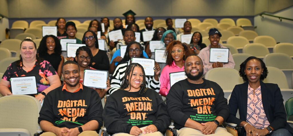 From front left to right: FAMU SJGC Professor of Journalism Clarence Fowler, Garth C. Reeves Chair Professor Arionne Nettles, WANM 90.5 Director Terrence Ward and Dean Mira Lowe take a moment to celebrate with some of the scholars who received training completion certificates during the inFrom front left to right: FAMU SJGC Professor of Journalism Clarence Fowler, Garth C. Reeves Chair Professor Arionne Nettles, WANM 90.5 Director Terrence Ward and Dean Mira Lowe take a moment to celebrate with some of the scholars who received training completion certificates during the inaugural Digital Media Day.augural Digital Media Day.