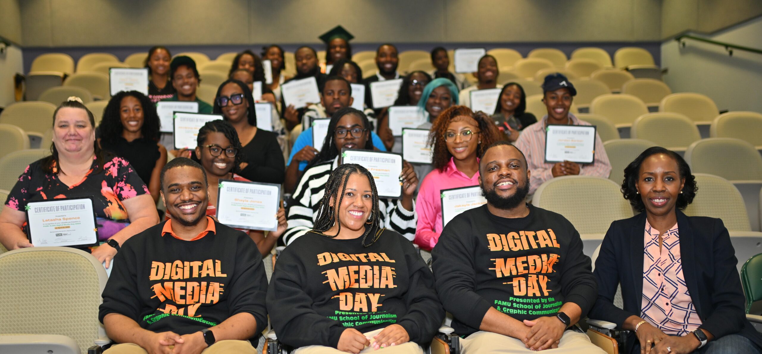 From front left to right: FAMU SJGC Professor of Journalism Clarence Fowler, Garth C. Reeves Chair Professor Arionne Nettles, WANM 90.5 Director Terrence Ward and Dean Mira Lowe take a moment to celebrate with some of the scholars who received training completion certificates during the inFrom front left to right: FAMU SJGC Professor of Journalism Clarence Fowler, Garth C. Reeves Chair Professor Arionne Nettles, WANM 90.5 Director Terrence Ward and Dean Mira Lowe take a moment to celebrate with some of the scholars who received training completion certificates during the inaugural Digital Media Day.augural Digital Media Day.