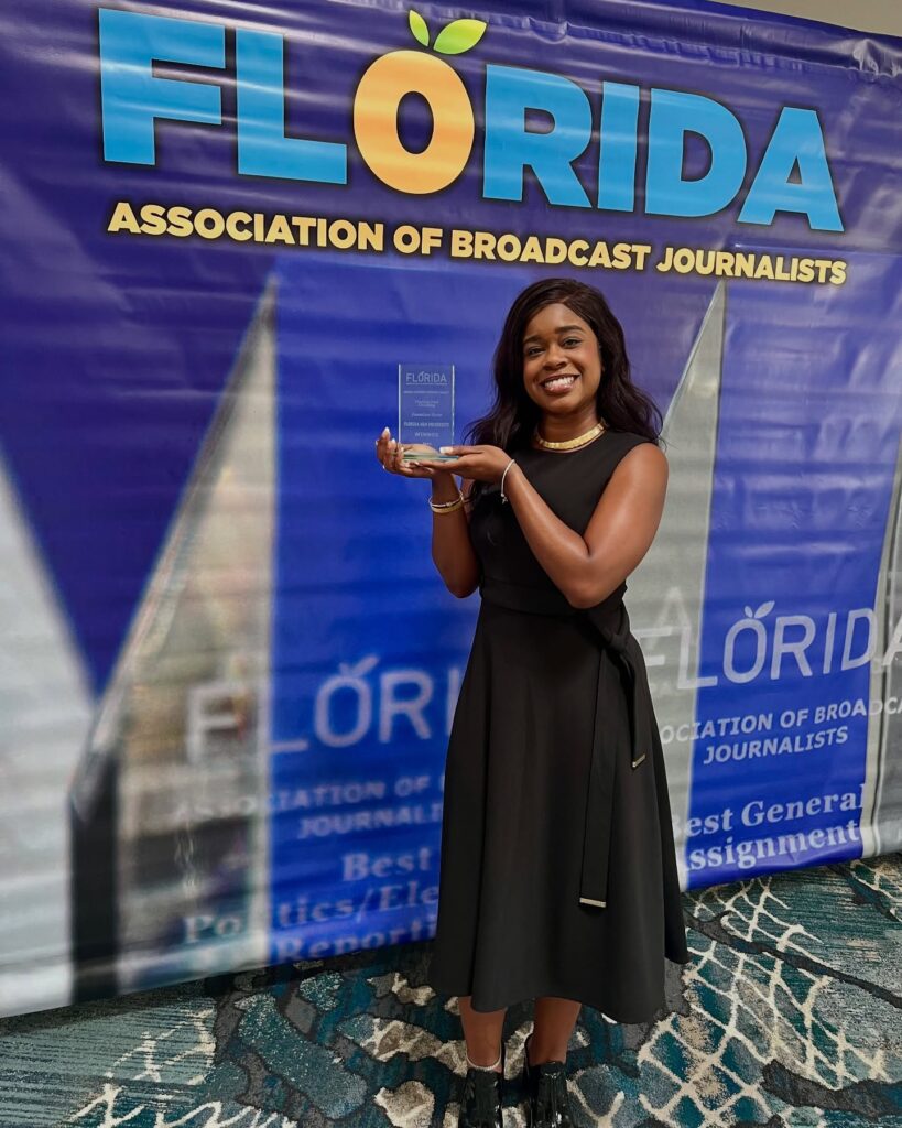 Jasmine Dyer, a fall 2024 broadcast journalism graduate, took home the top trophy
for general assignment reporting in college television for election fact
-checking coverage.