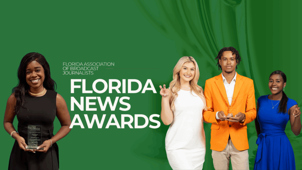 Jasmine Dyer, a fall 2024 broadcast journalism graduate, took home the top trophy for general assignment reporting in college television for election fact-checking coverage. FAMU-FSU co-op 2025 graduate and journalism minor Kaitlyn Walsh; Anissa Carby, a spring 2025 broadcast journalism graduate; and Joel Mitchell, a broadcast journalism senior, shared the finalist award for their political reporting on Election Night 2024.