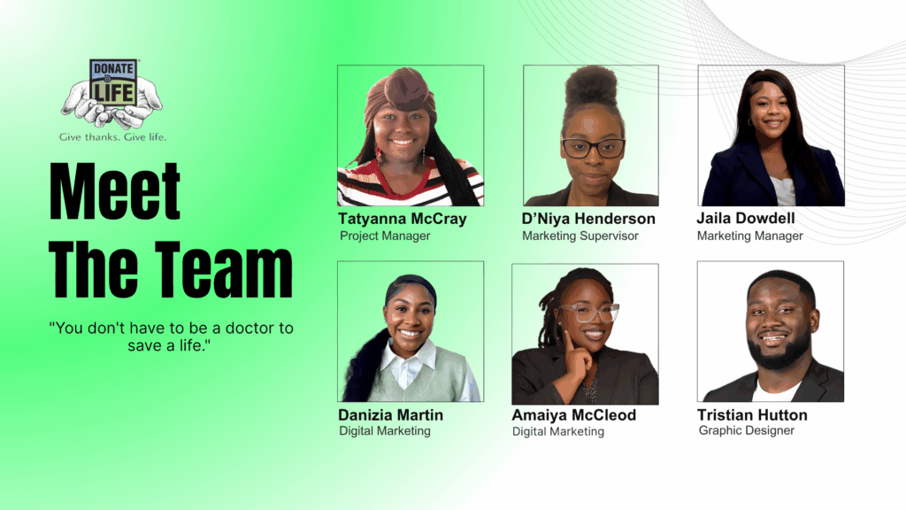 The members of the winning campaign team and their respective project roles are shown in their donation content deck.