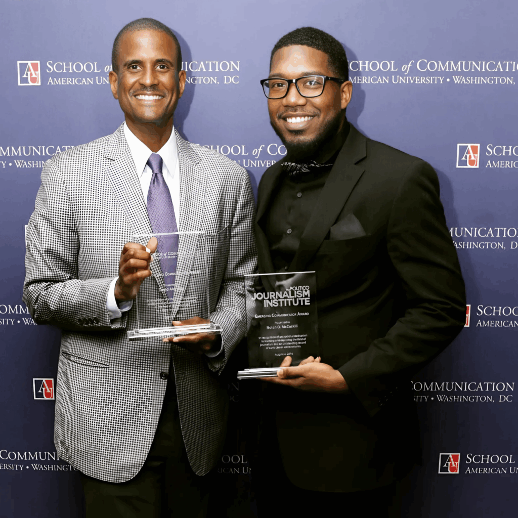 In 2016, McCaskill was awarded PJI’s Emerging Communicator Award in Washington, D.C. He is pictured here celebrating his award with veteran sports journalist David Aldridge. 
