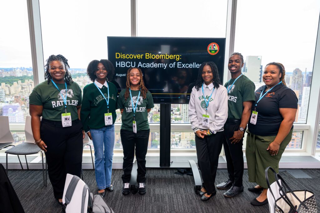 FAMU students representing media and business fields are photographed with Vanessa Chatman, the university's associate director of career and professional development, during Bloomberg's HBCU Academy of Excellence in New York. SJCG student Janelle Sears is pictured far left and SJGC student Autumn Haddox is featured center left.