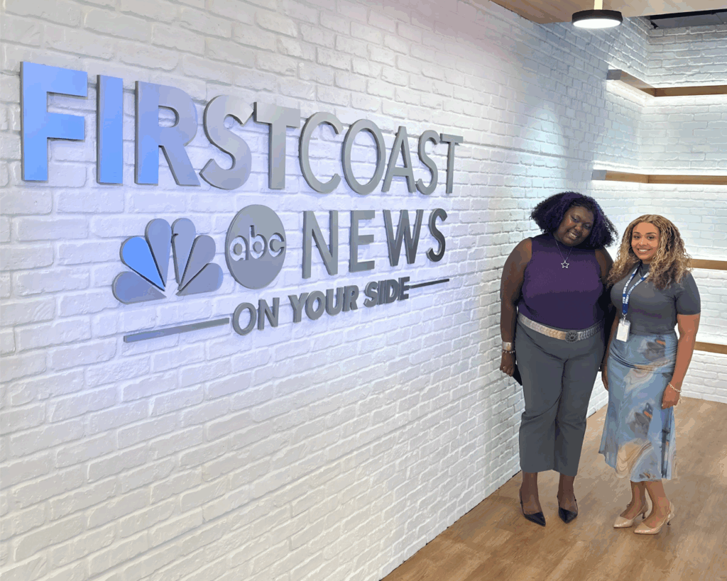 Autumn Dancy and Trinity Talton celebrate the start of their career development opportunities at First Coast News in Jacksonville, part of TEGNA’s investment in FAMU SJGC talent.