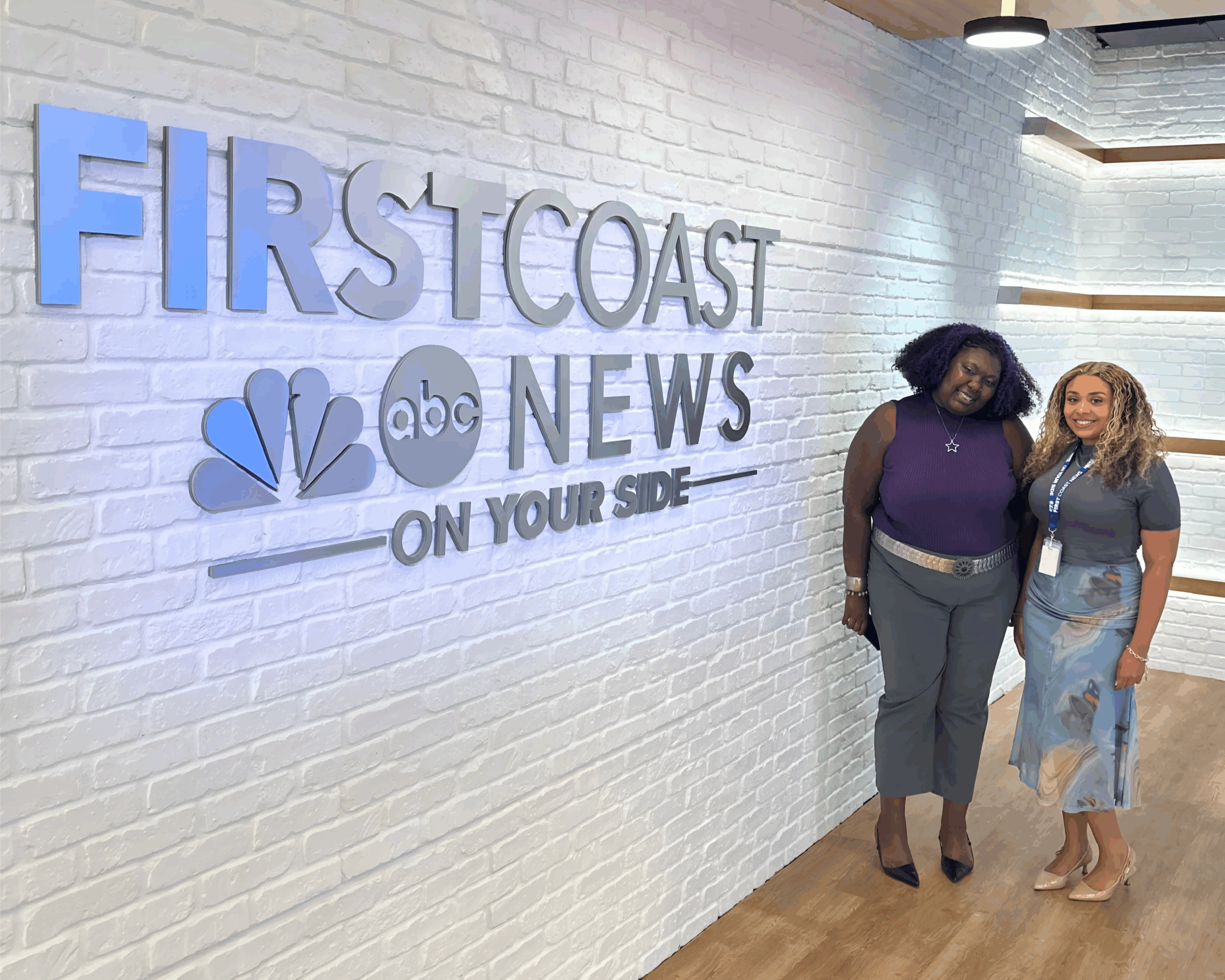 Autumn Dancy and Trinity Talton celebrate the start of their career development opportunities at First Coast News in Jacksonville, part of TEGNA’s investment in FAMU SJGC talent.