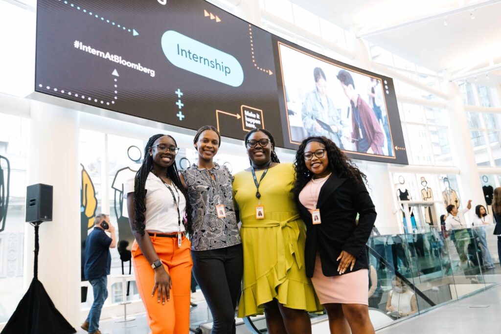 SJGC student Kaylin Jean-Louis, North Carolina A&T student Teren McNeill, SJGC’s Micah Barkley, and Xavier University student Kennedy Wells connect as interns at Bloomberg’s headquarters. Photo courtesy: Bloomberg.