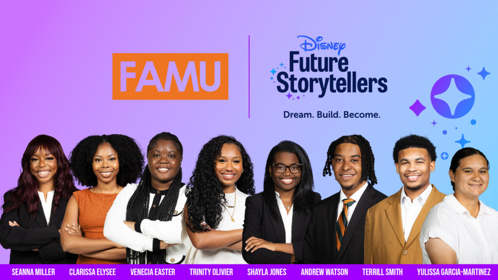 The next group of FAMU SJGC scholars to receive professional development training and experiences through the Disney Storytellers Fund include (from left): Seanna Miller, Clarissa Elysee, Venecia Easter, Trinity Olivier, Shayla Jones, Andrew Watson, Terrill Smith, and Yulissa Garcia-Martinez.